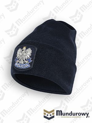 Zdjęcie przedstawiające Czapka zimowa POLICJA, wełna merynos, granatowa