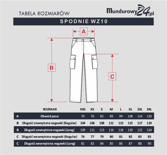 Tabela rozmiarów: SPODNIE WZ10