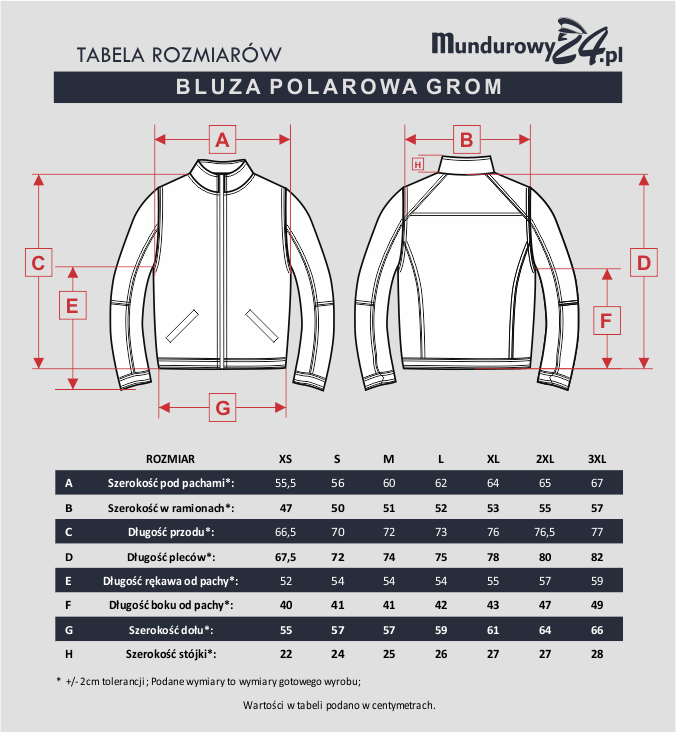 Tabela rozmiarów: BLUZA POLAROWA GROM