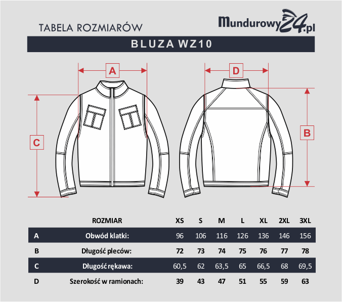 Tabela rozmiarów: BLUZA WZ10