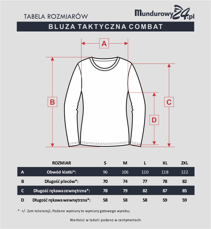 Tabela rozmiarów: BLUZA TAKTYCZNA COMBAT Tabela rozmiarów: BLUZA TAKTYCZNA COMBAT