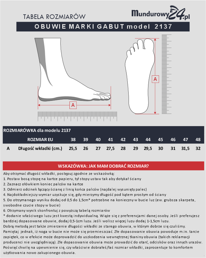 Tabela rozmiarów: OBUWIA GABUT 2137