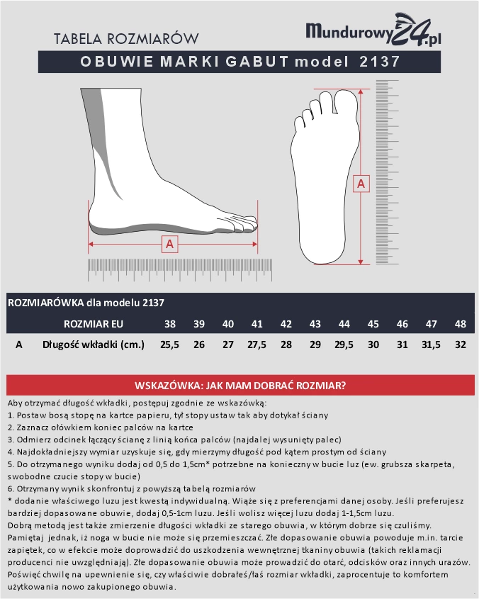 Tabela rozmiarów: OBUWIA GABUT 2137