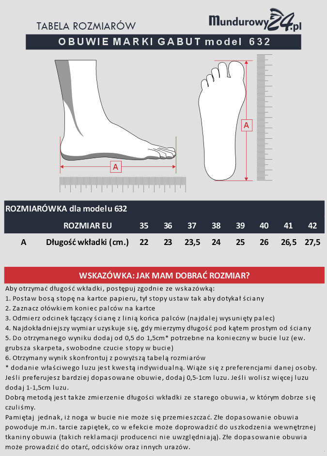 Tabela rozmiarów: OBUWIA GABUT 632
