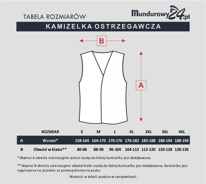 Tabela rozmiarów: Kamizelka odblaskowa