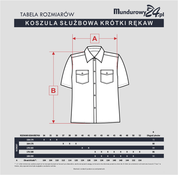 Tabela rozmiarów: KOSZULA SŁUŻBOWA KRÓTKI RĘKAW