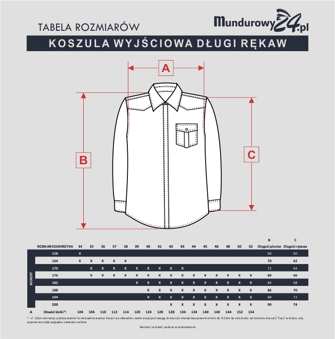 Tabela rozmiarów: KOSZULA WYJŚCIOWA DŁUGI RĘKAW