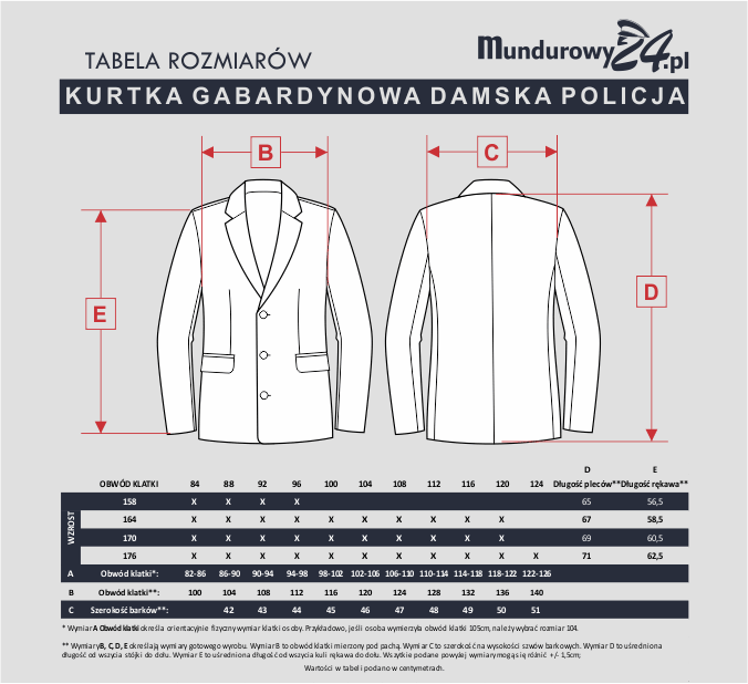 Tabela rozmiarów: KURTKA GABARDYNOWA WYJŚCIOWA DAMSKA POLICJA