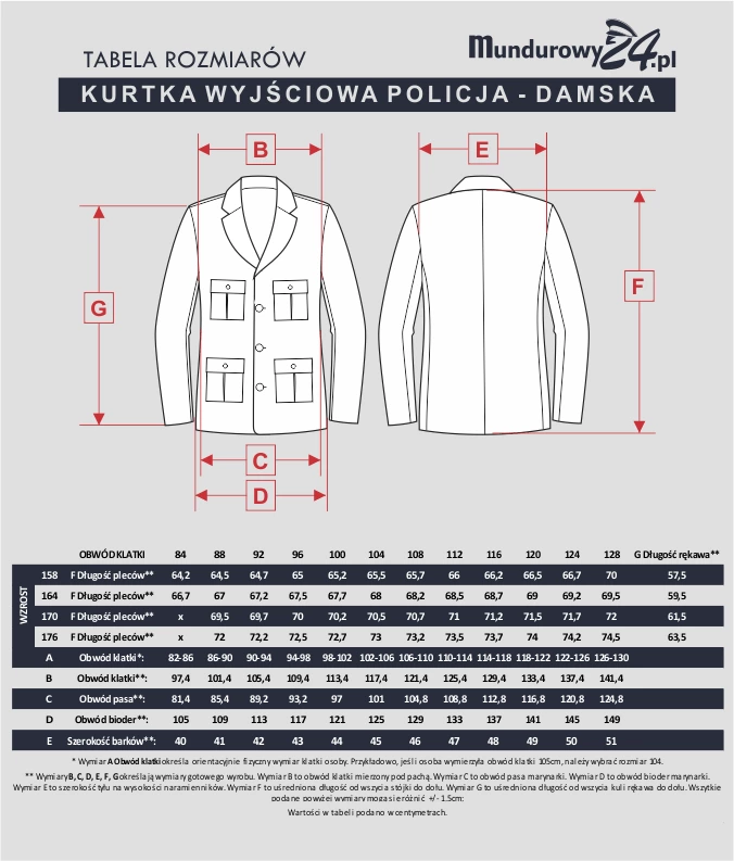 Tabela rozmiarów: Kurtka wyjściowa POLICJA damska, granatowa