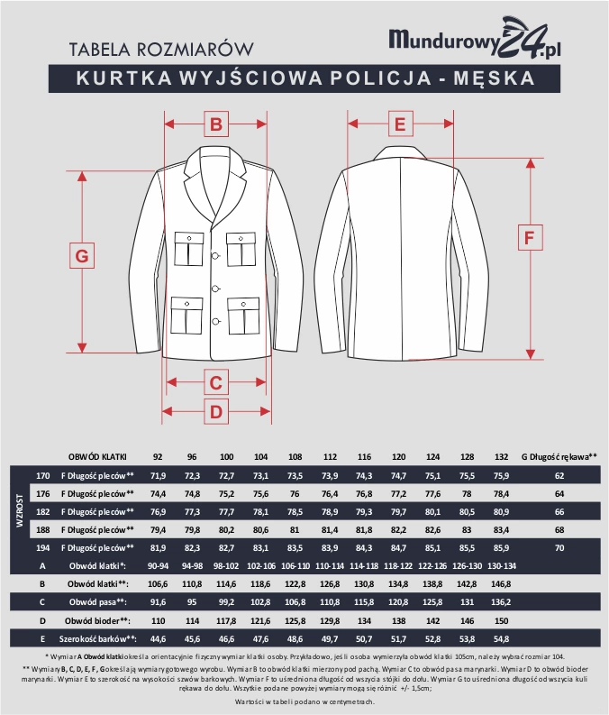 Tabela rozmiarów: Kurtka wyjściowa POLICJA męska, granatowa Tabela rozmiarów: Kurtka wyjściowa POLICJA męska, granatowa