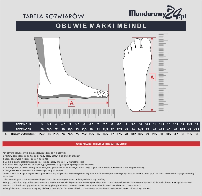 Tabela rozmiarów: Obuwie marki MEINDL