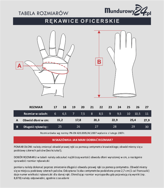 Tabela rozmiarów: RĘKAWICE OFICERSKIE