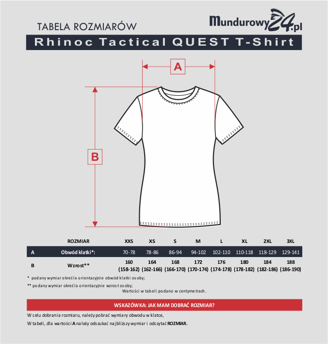 Tabela rozmiarów: Rhinoc Tactical QUEST T-Shirt